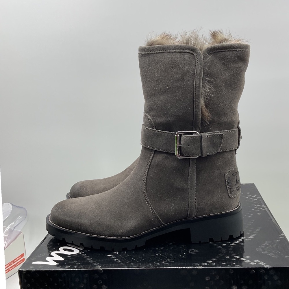 Sam Edelman Jeanie Dark Grey Suede Faux Fur Lug Sole Moto Boots G0331M4021 7.5M